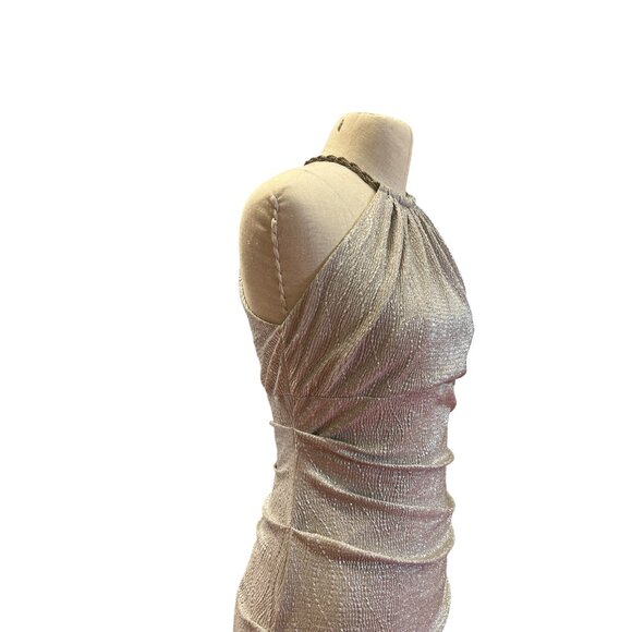 XSCAPE Silver Metallic Halter Neck Gown With Chain Detail Elegant Long Dress Eve - Picture 4 of 11